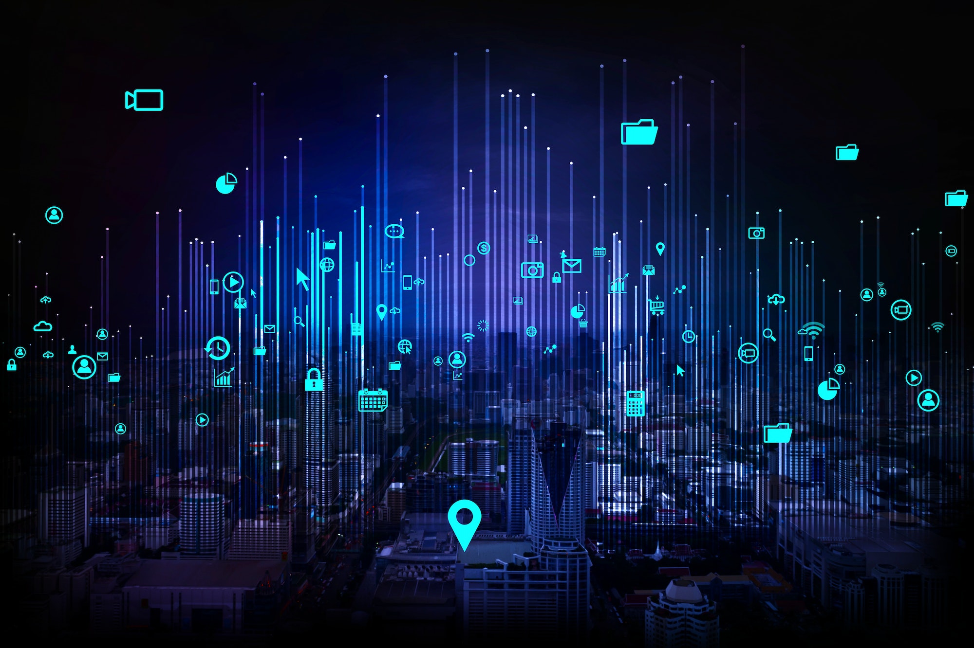 City scape at night and network connection concept